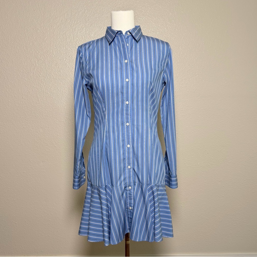 Lauren Ralph Lauren Blue Stripe Button Front Shirtdress Ruffle Hem Size 4